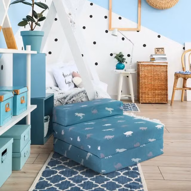 Ready Steady Bed Kids Z Folding Mattress Single Futon Chair Bed with Rex T-Rex Animal Print in Blue and Green