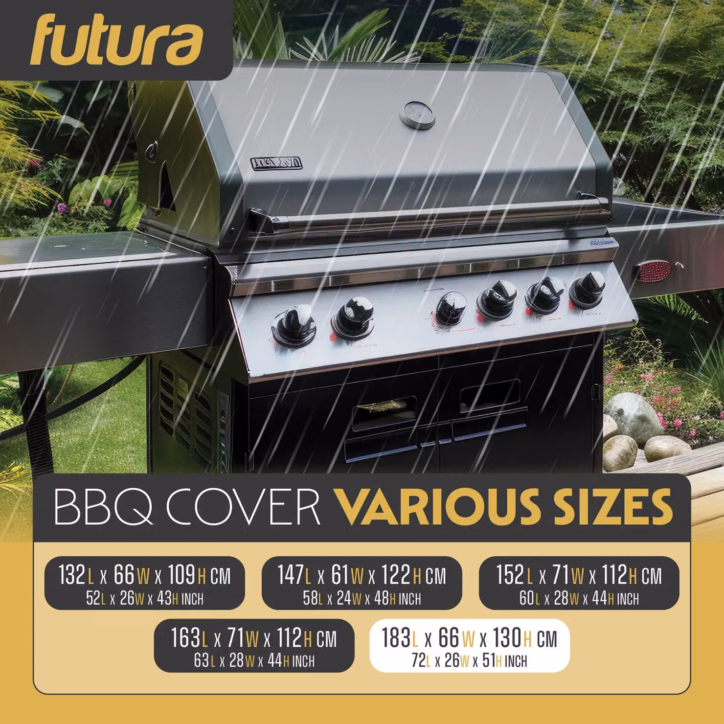 Futura Waterproof Heavy Duty BBQ Cover for Gas and Charcoal Grills, Black, W/D/H: 183 x 66 x 130 cm – 7
