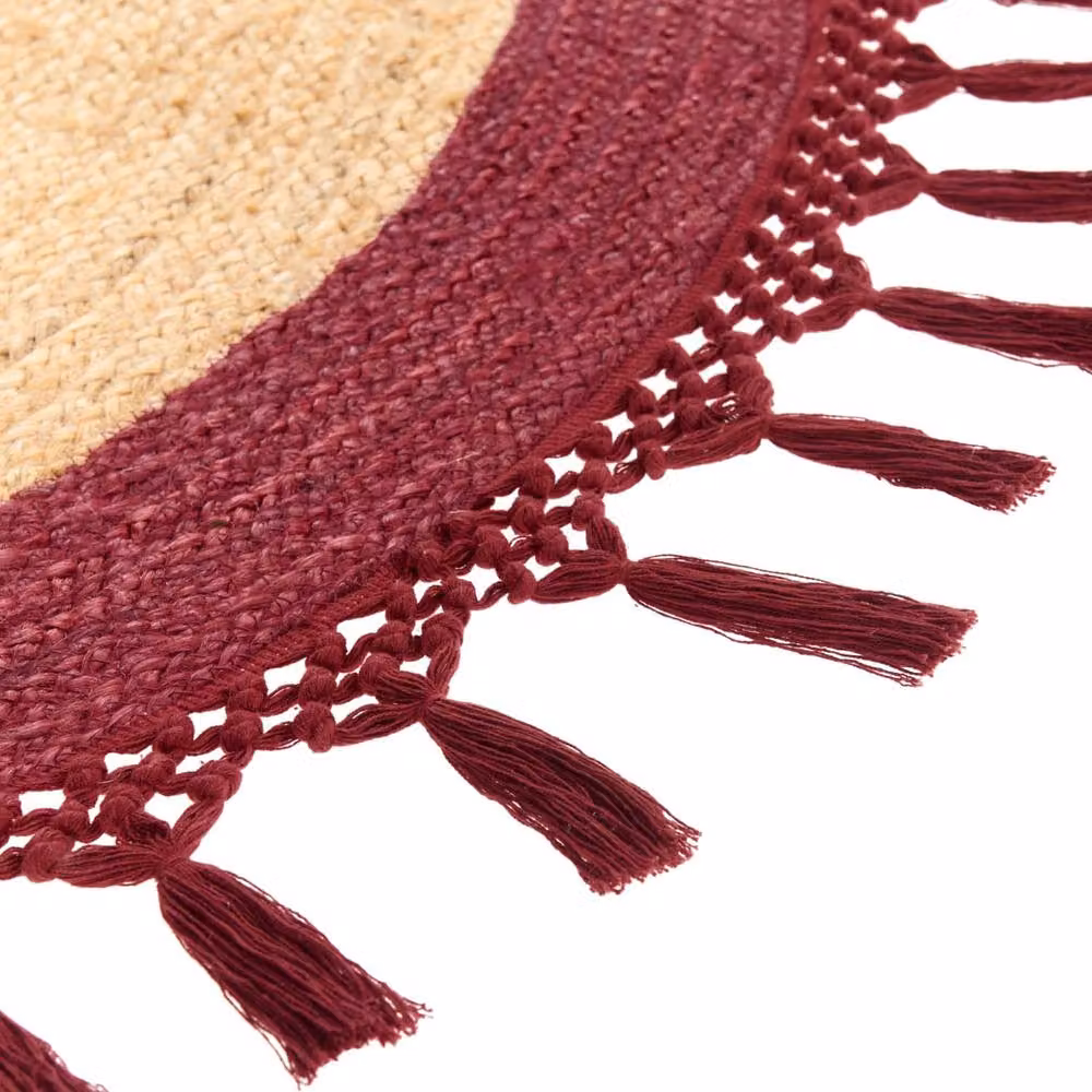 Wyld and Coco Round Jute and Cotton Braided Boho Rug in Beige with Red Accents, Diameter: 140 cm – 4