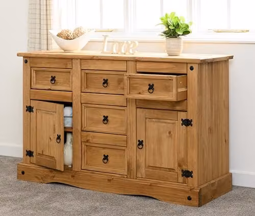 Seconique Corona 2 Door 5 Drawer Sideboard in Brown Waxed Pine
