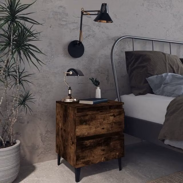 Berkfield Home Bed Cabinet with Metal Legs in Smoked Oak Brown, W/D/H: 40 x 35 x 50 cm