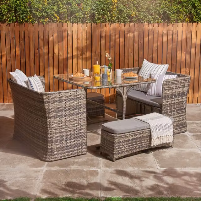Home Treats 8 Seater Rattan Garden Furniture Cube Set in Grey with Aluminium, Polyester and Glass