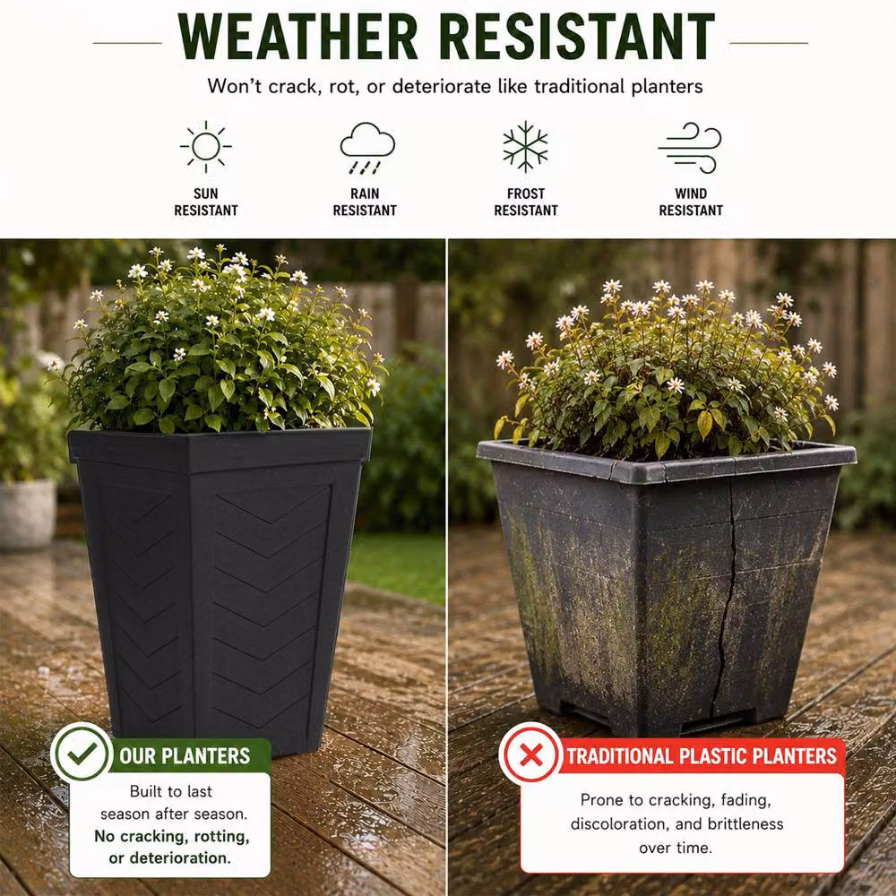 Nicoman Black and Grey Chevron Rubber Tall Square Planter, Pack of 2, W/D/H: 37 x 37 x 57 cm – 5