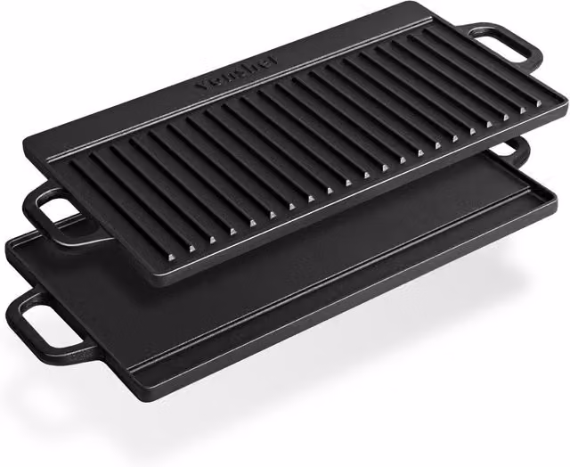 VonShef Reversible Cast Iron Griddle Plate, Black, Oven Safe