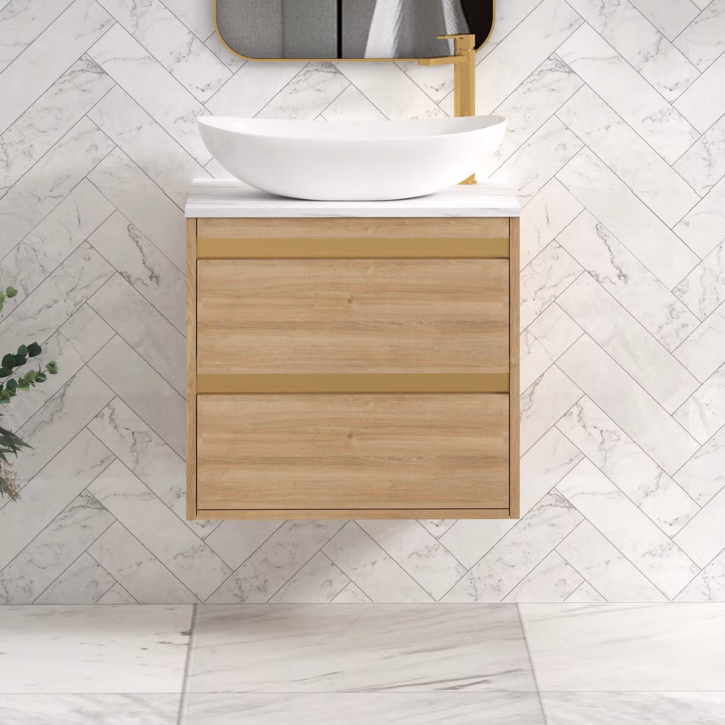 Royal Bathrooms Orion 800mm Natural Oak Wall Hung Vanity Unit with Cesar Basin and Brushed Brass Accent Trim