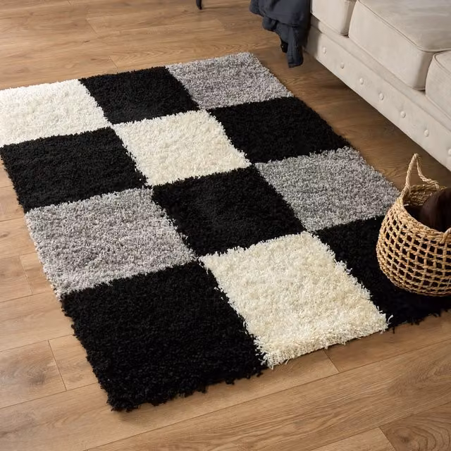 Bravich California Checked Shaggy Rug, Black and Multicolour, W: 110 cm, D: 60 cm