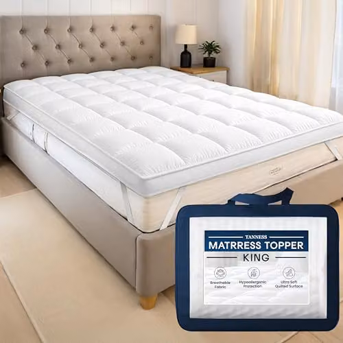 Tanness King Size Mattress Topper, 10 cm Thick, Soft Quilted Microfiber, Grey or White