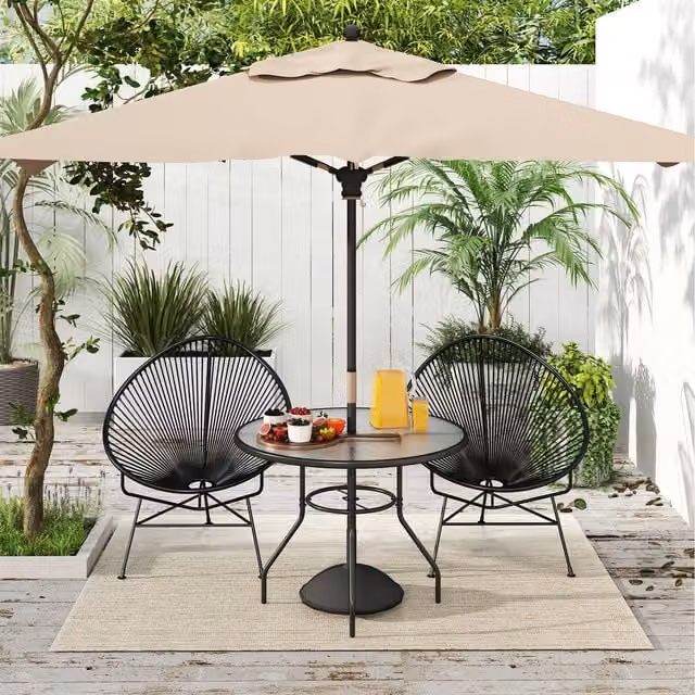 Outsunny Round Outdoor Dining Table with Black Tempered Glass Top and Powder Coated Steel Frame, Diameter: 100 cm