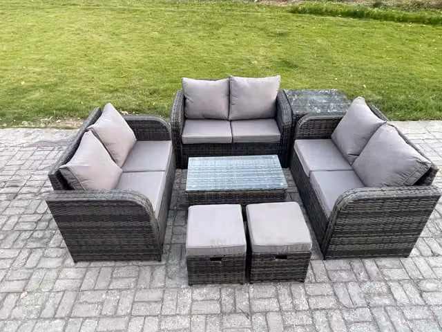 Fimous 8 Seater Grey Rattan Garden Furniture Set with U-Shape Sofa, Coffee Table, Ottomans and Upholstered Cushions