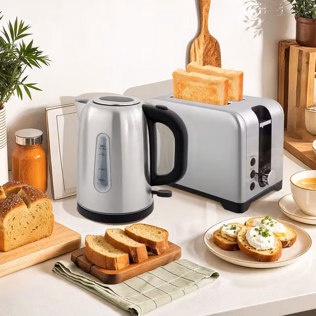 HOMCOM Rapid Boil Jug Kettle 1.7L and 2-Slice Toaster Set, Silver