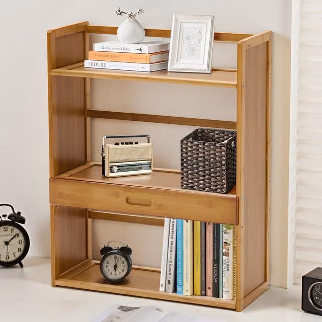 Livingandhome 3-Tier Bamboo Desktop Bookshelf with Drawer in Brown Wood