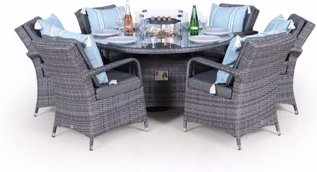 Giardino Arizona Round Polyrattan Fire Pit Patio Dining Set in Grey and Brown, 6 Seater