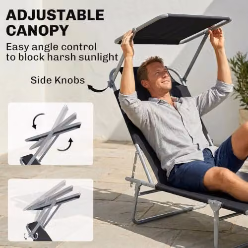 Outsunny Black Reclining Sun Lounger with Sun Canopy and Adjustable Headrest, W/D/H: 120 x 58 x 36 cm – 12