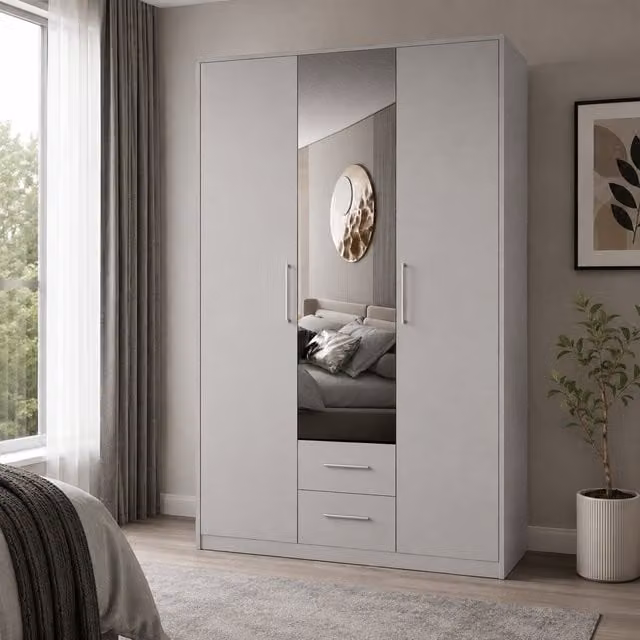Swindon Matt White 3 Door Wardrobe with Mirror and 2 Integrated Drawers, Width: 120 cm