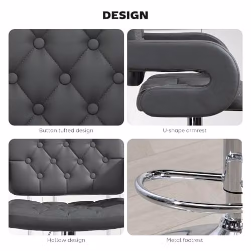 HOMCOM Grey Swivel Bar Stool with Armrests and Adjustable Height in Synthetic Leather – 6