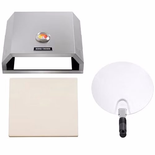 George Foreman Pizza Oven with Ceramic Stone and Foldable Paddle, Silver Stainless Steel, Suitable for Charcoal and Gas BBQs