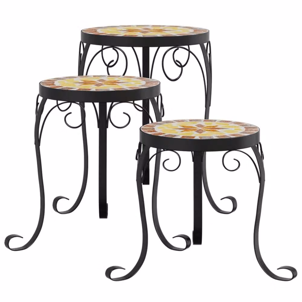 Berkfield Home Set of 3 Ceramic and Metal Round Indoor Plant Stands in Terracotta and White – 3