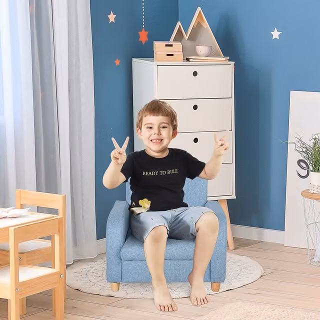 HOMCOM Blue Fabric Child Armchair with Cushion and Solid Wood Frame