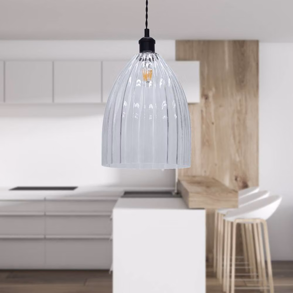First Choice Lighting Hayes Black and Transparent Clear Fluted Glass Pendant Light – 2