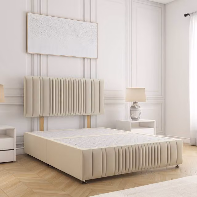 BSSPOKE Rosie Divan Bed with 24 inch Plush Velvet Headboard, Beige, Super King, W/D/H: 200 x 200 cm
