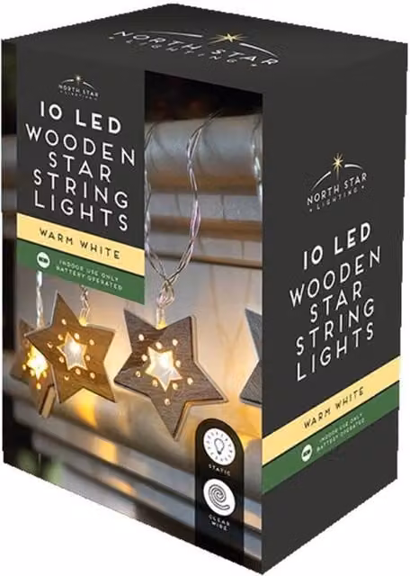 KDMD 2 Pack of Brown Wooden Star LED String Lights with Warm White Light, 2.1m – 1