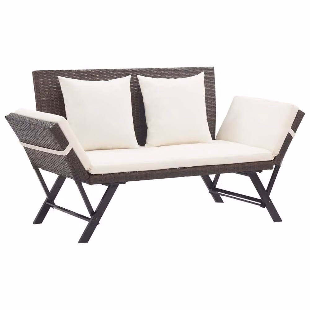 Berkfield Home Beautiful Garden Bench with Cushions, Brown Poly Rattan and Steel, W: 176 cm, D: 80 cm, H: 70 cm – 1