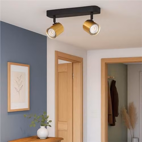 Loops Modern LED Bathroom Ceiling Spotlight in Black and Gold Brass, IP44 Rated, Adjustable and Dimmable, H 13.0 cm x W 8.0 cm – 1