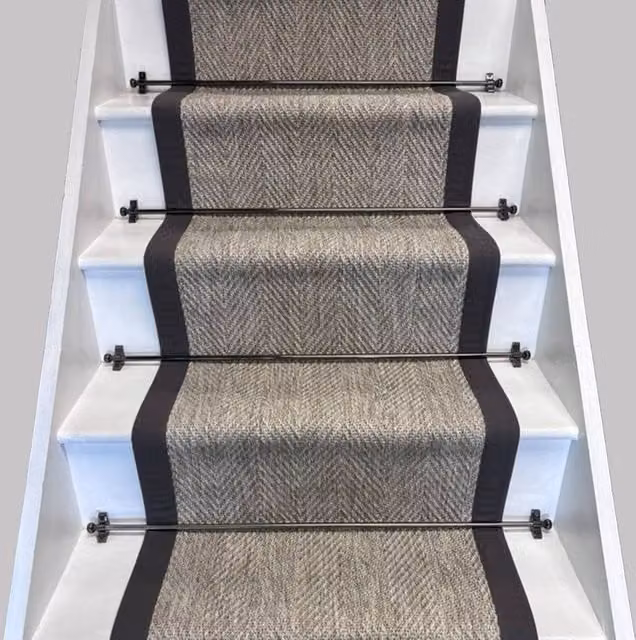 RainbowHome New England Grey Herringbone Stair Runner with Grey Cotton Border, W: 55 cm x L: 700 cm