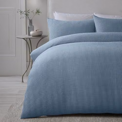 Serene Blue Waffle Duvet Cover and Pillowcase Set, W/D/H: 260 x 220 cm