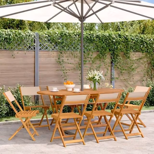Berkfield Home Set of 8 Folding Garden Chairs in Beige Fabric and Acacia Solid Wood – 1