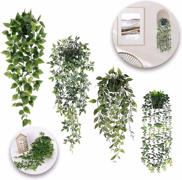 SPETLEK Set of 4 Green Artificial Hanging Plants in Plastic Pots