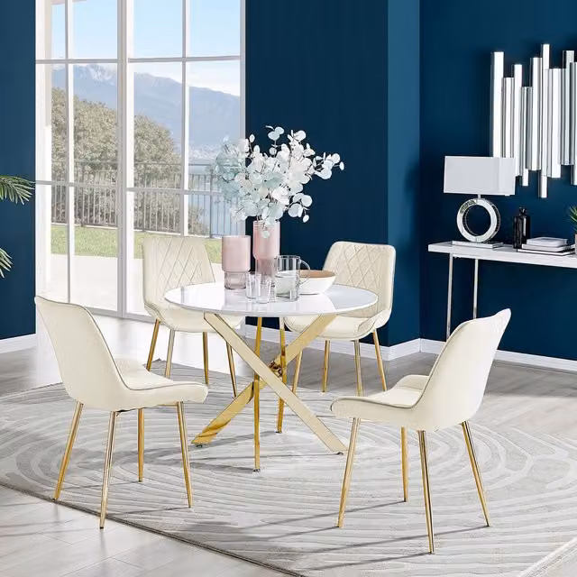 FurnitureboxUK Novara Round White Gloss Glass Dining Table with 4 Pesaro Chairs and Gold Metal Legs