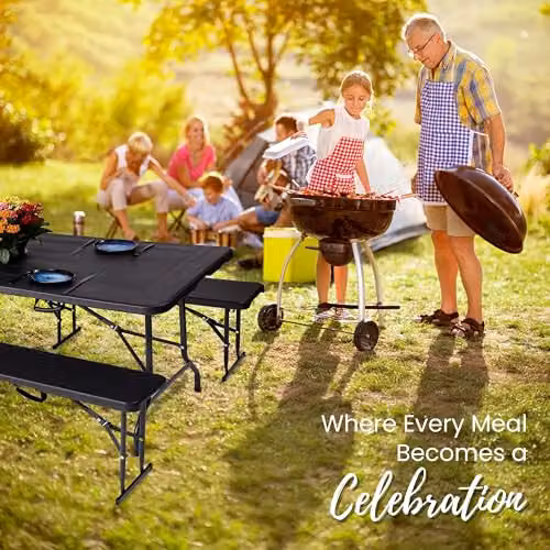 NOVECRAFTO 6ft Folding Table and Bench Seat Set with Black Wood Grain Plastic Surfaces and Steel Frames – 5