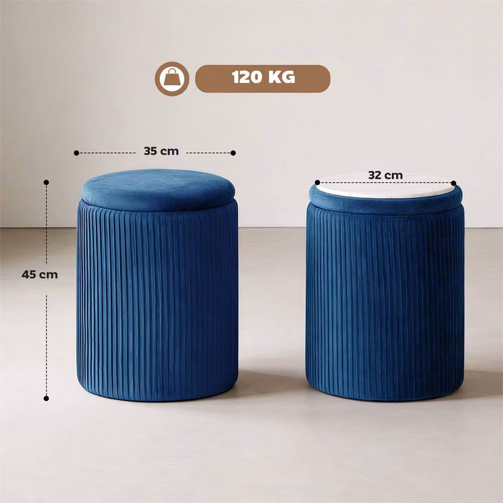 EONLION Blue Velvet Round Storage Ottoman with Removable Cover, Diameter: 100 cm – 2