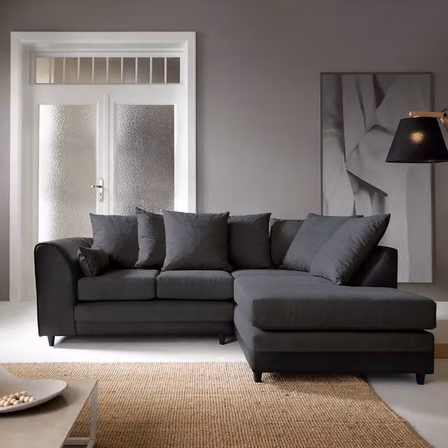 Abakus Direct Dylan L-Shape Corner Sofa in Black and Grey Fabric with Scatter Cushions, Right-Hand Facing