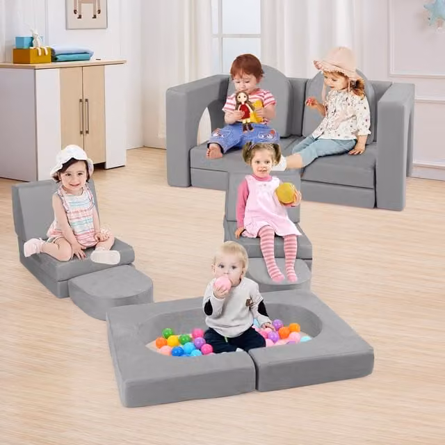 Costway 8-Piece Modular Kids Play Couch in Grey Suede Fabric