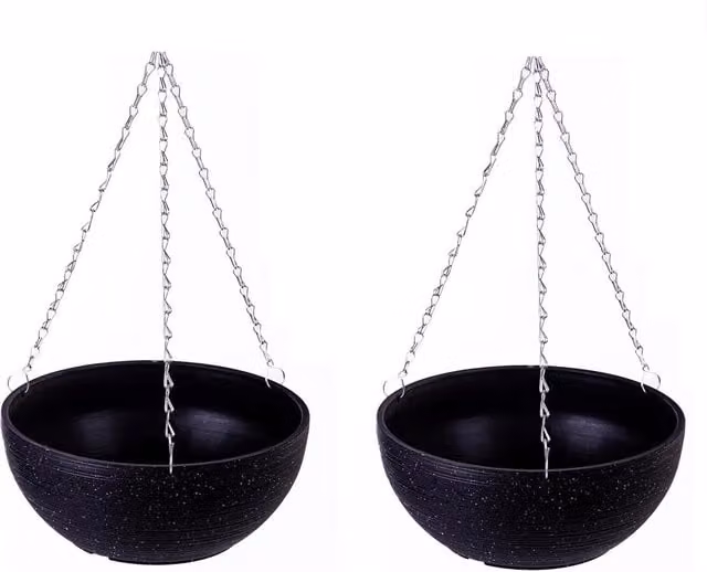 Garden Gear Black Flecked Stone Effect Plastic Hanging Basket Planter, Diameter: 35 cm, Pack of 2