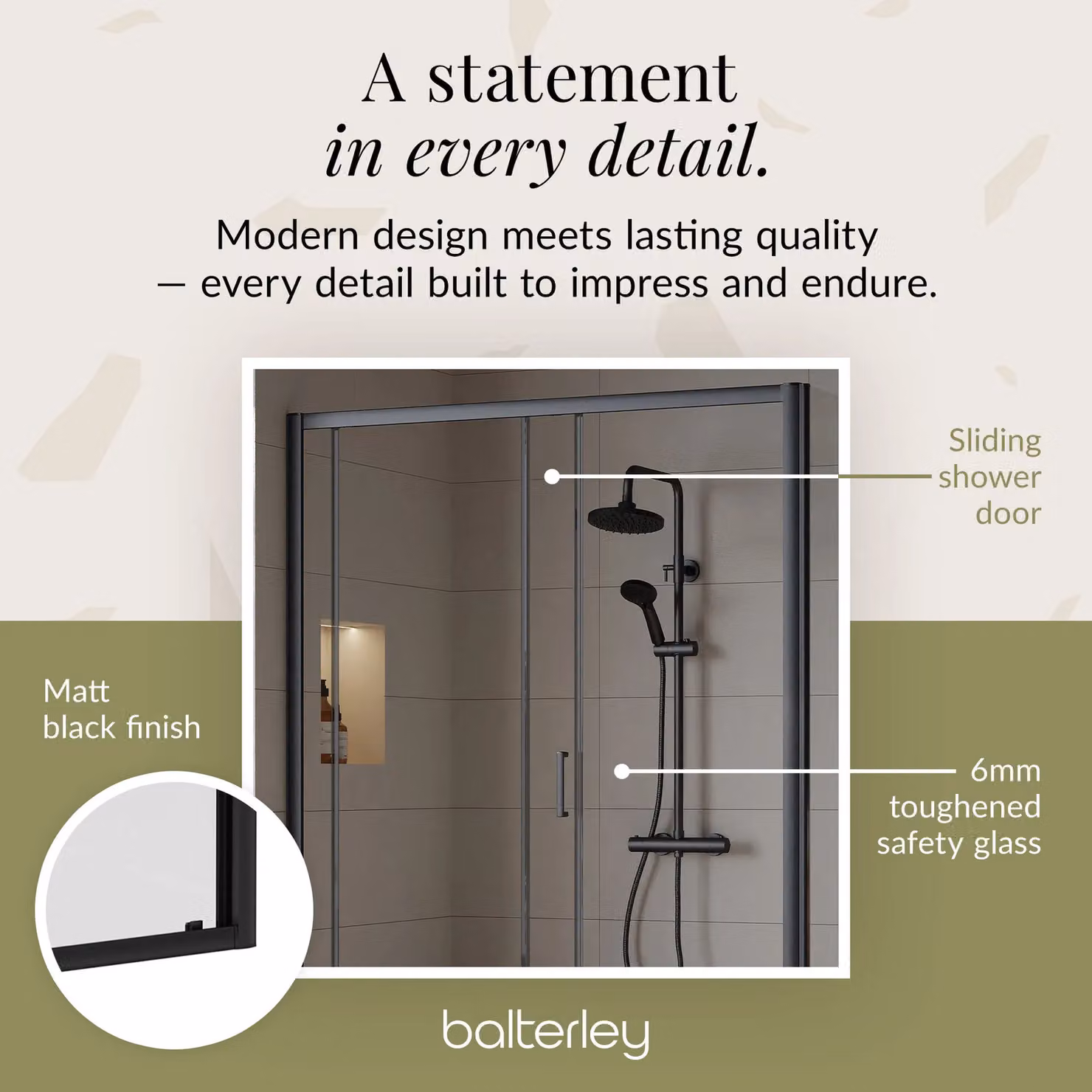 Balterley Ruwa Sliding Shower Suite with Rectangular Tray and 6mm Glass Door Panel, Black, W: 140 cm, D: 90 cm, H: 190 cm – 4