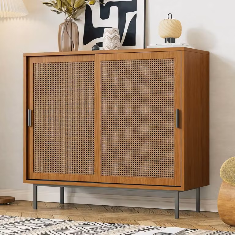 Matteo Walnut Rattan Sliding Barn Door Sideboard in Brown