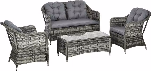 Outsunny 4 Piece Grey Rattan Outdoor Furniture Set with Cushions and Coffee Table