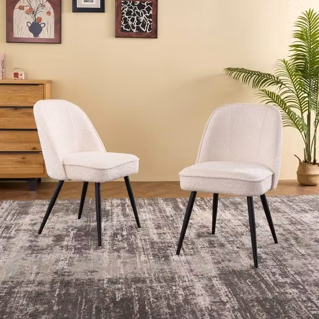 SONARA Set of 2 Modern Bouclé Fabric Dining Chairs with Metal Legs in White and Black – 1