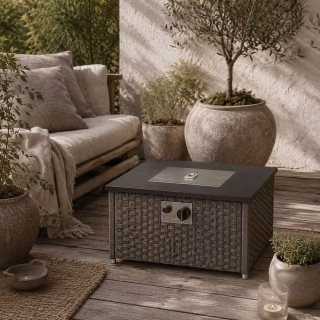 Wyld Haus Lenaro Grey PE Rattan Square Gas Fire Pit Coffee Table with Lid, 13 kW – 1