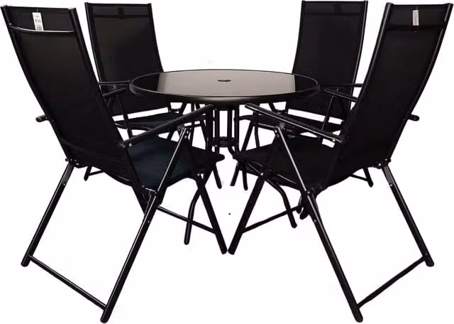 Samuel Alexander Modern Round Glass Top Garden Dining Table and Chairs Set in Black