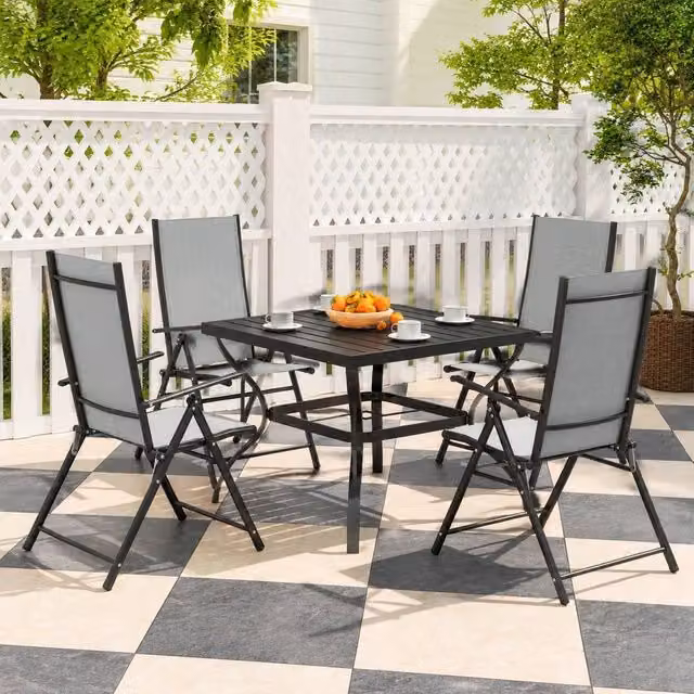 STILVORA Modern Grey Outdoor Dining Set with Square Powder Coated Steel Table and Folding Chairs