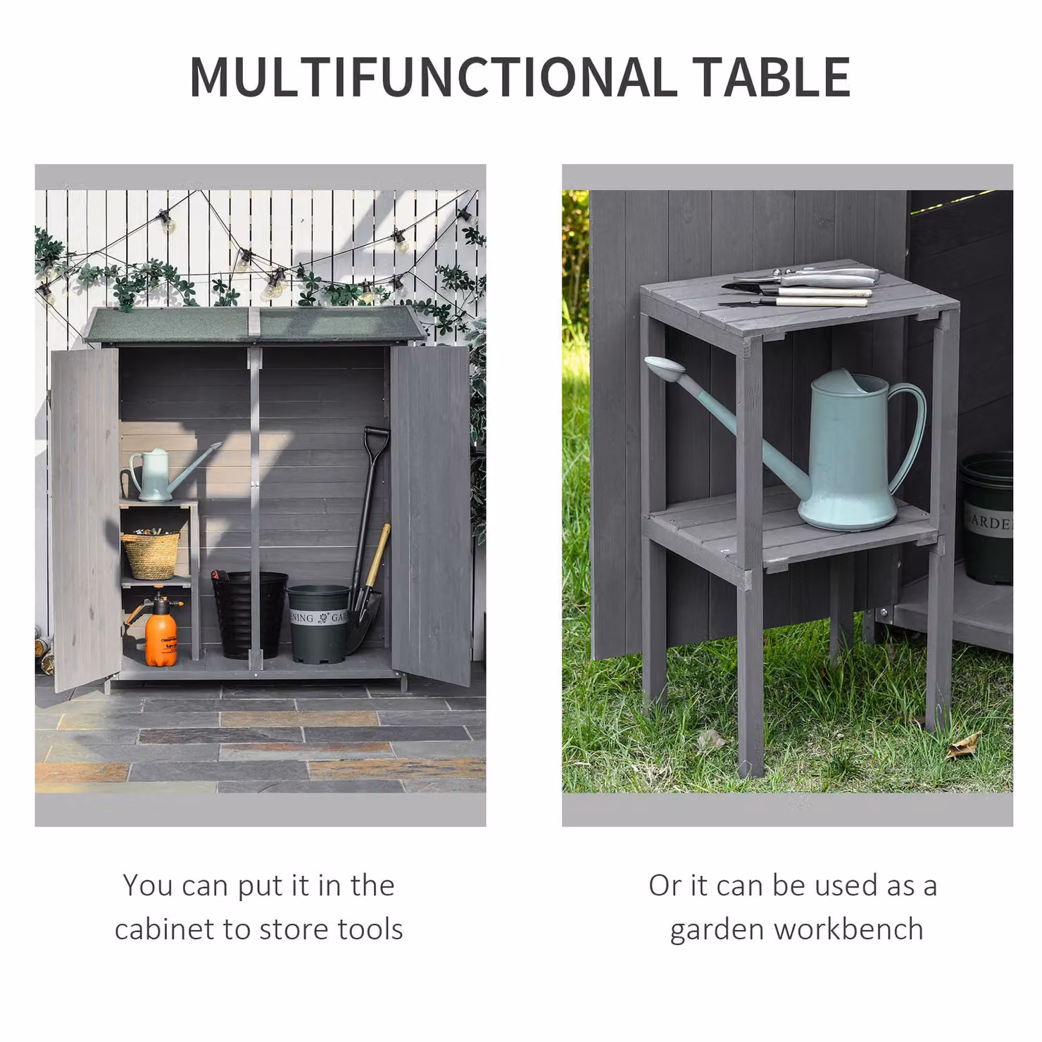 Outsunny Grey Wooden Garden Storage Shed with Lockable Double Doors and Storage Table, W/D/H: 139 x 75 x 160 cm – 4