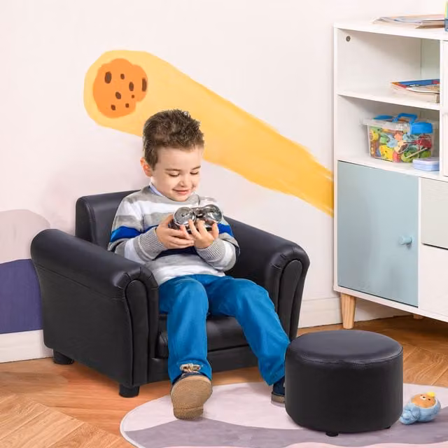 HOMCOM Kids Sofa Set with Footstool in Black Synthetic Leather