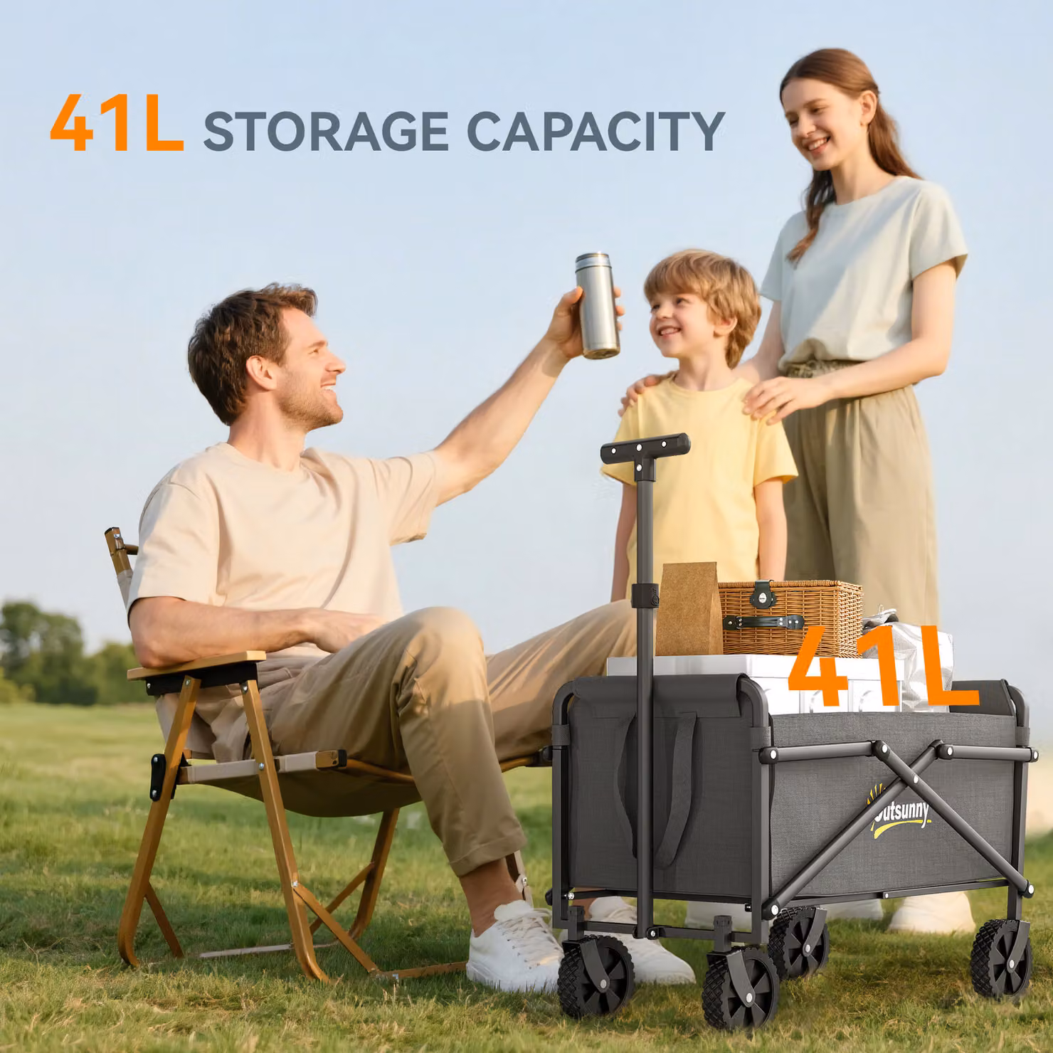 Outsunny 41L Festival Trolley on Wheels, Grey Heavy Duty Collapsible Folding Wagon with Adjustable Handle and Carrying Bag – 3