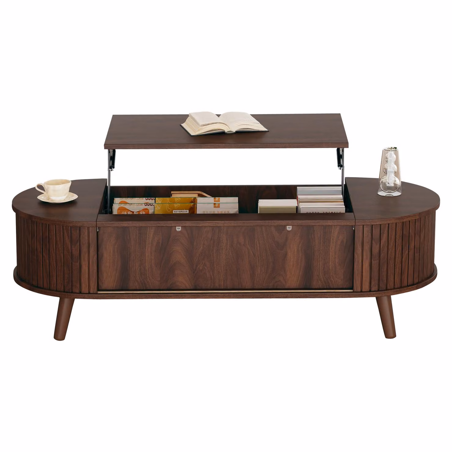 Aosom UK Oval Lift-Up Coffee Table with Roller-Shutter Doors and Solid Wood Legs, Brown, W: 120 cm, D: 50 cm, H: 39.5 cm – 2