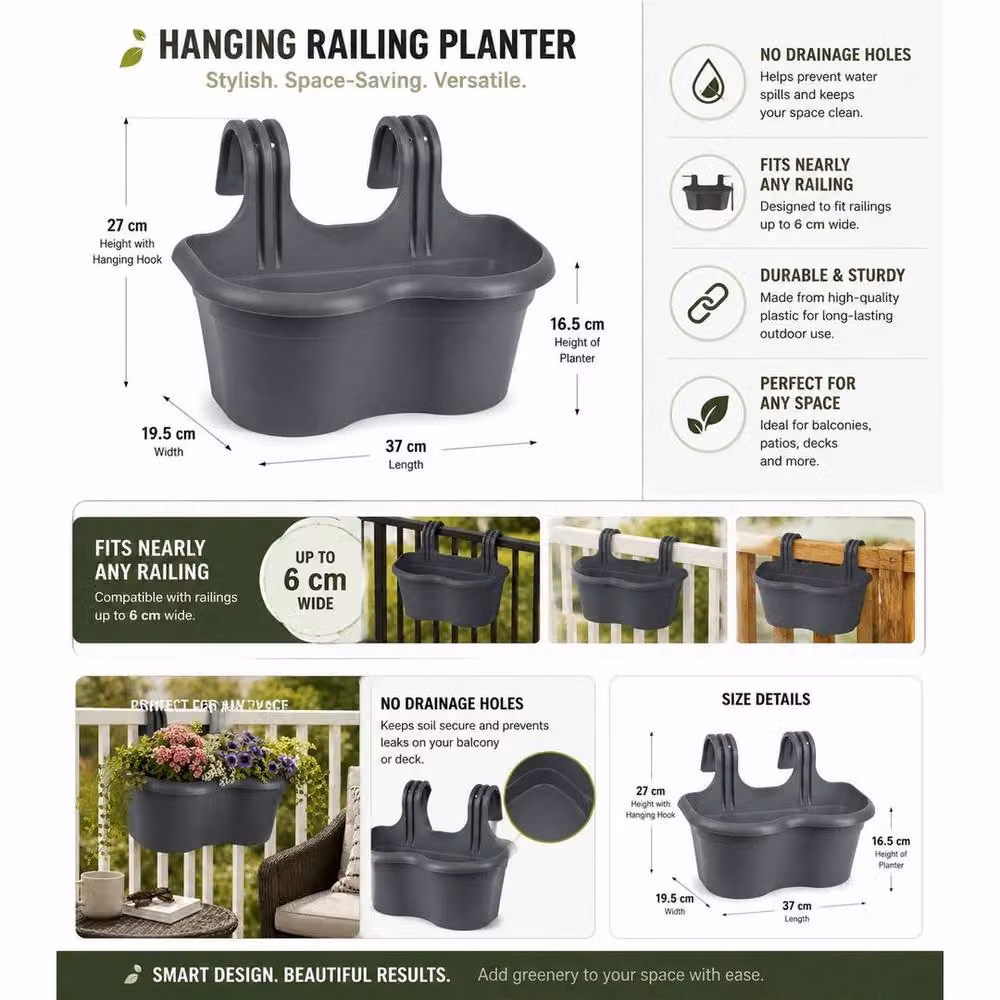 SPETLEK 2 x Grey Hanging Railing Window Box Planters – 2