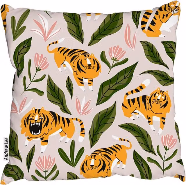 Benjamin Tate Design LTD Yellow Cute Tigers and Tropical Leaves and Flowers Outdoor Square Cushion, W: 60 cm, H: 60 cm